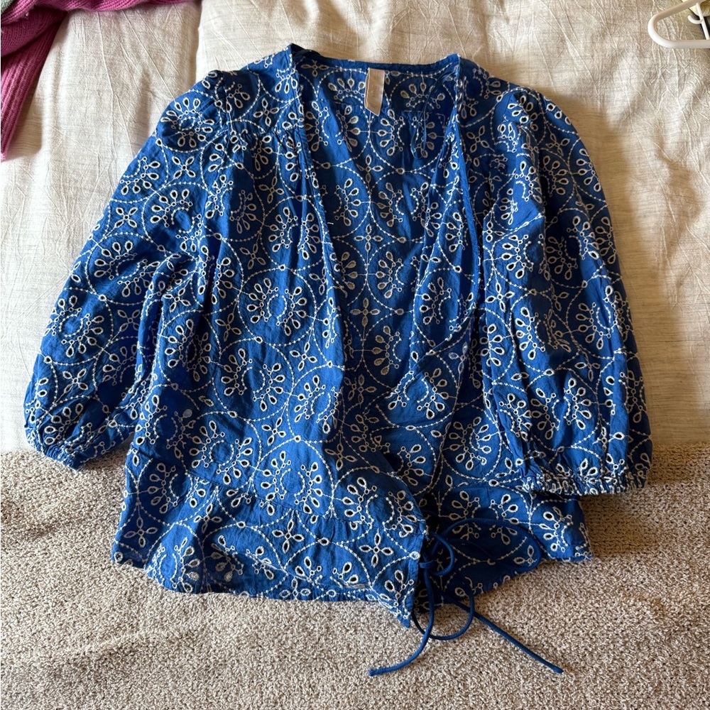 Mango Blue Wrap Tie Front 3/4 Sleeve Blouse